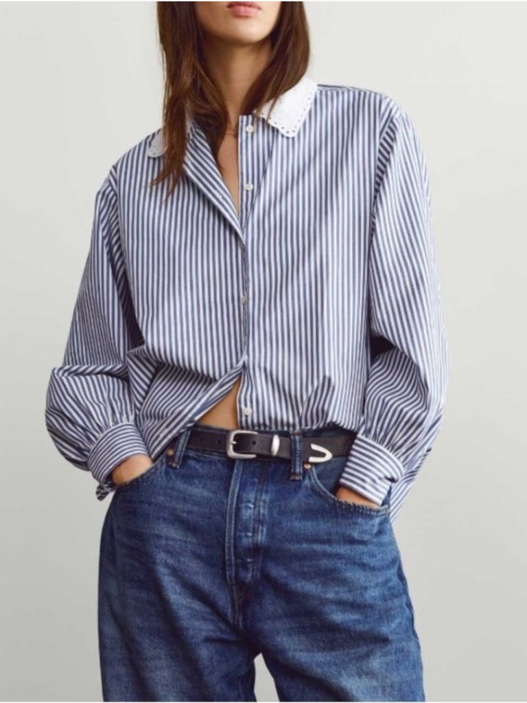 Gap Women’s Blue And White Striped Button-Down Shirt With Eyelet Collar